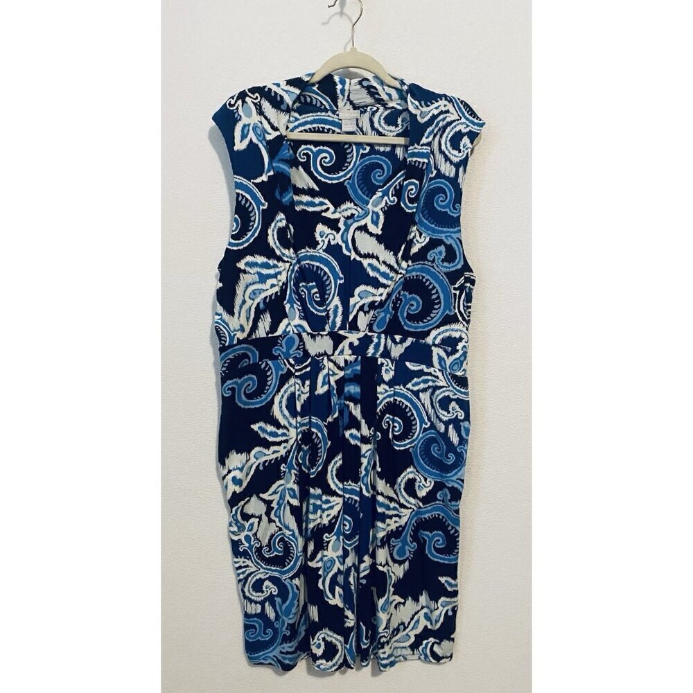Chicos Dress Womens XL Blue Pleated Paisley Jersey Pockets Sleeveless Boho Beach